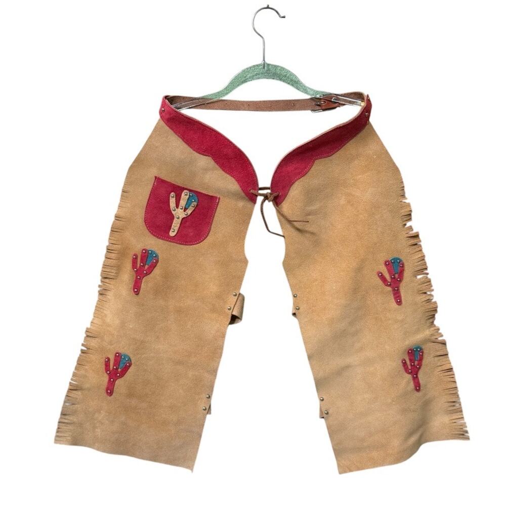 Sharp Leatherworks Chaps Kid Size M Suede Leather Faux Bark Fringe Cactus Studs